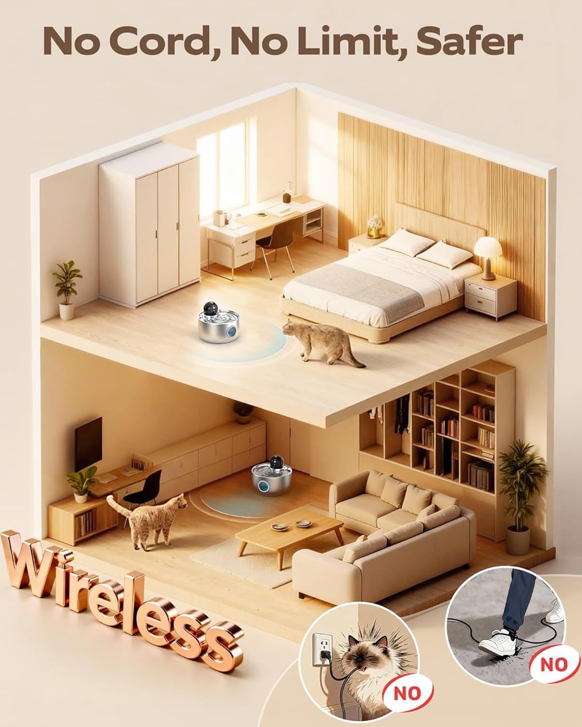 Wireless Stainless Steel Cat Water Fountain | Quiet & Filtered with Motion Sensor 