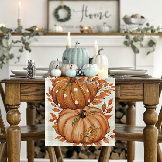 Buffalo Plaid Orange Pumpkins Eucalyptus Fall Table Runner, Autumn Thanksgiving Kitchen Dining Table Decoration for Home Party Decor 