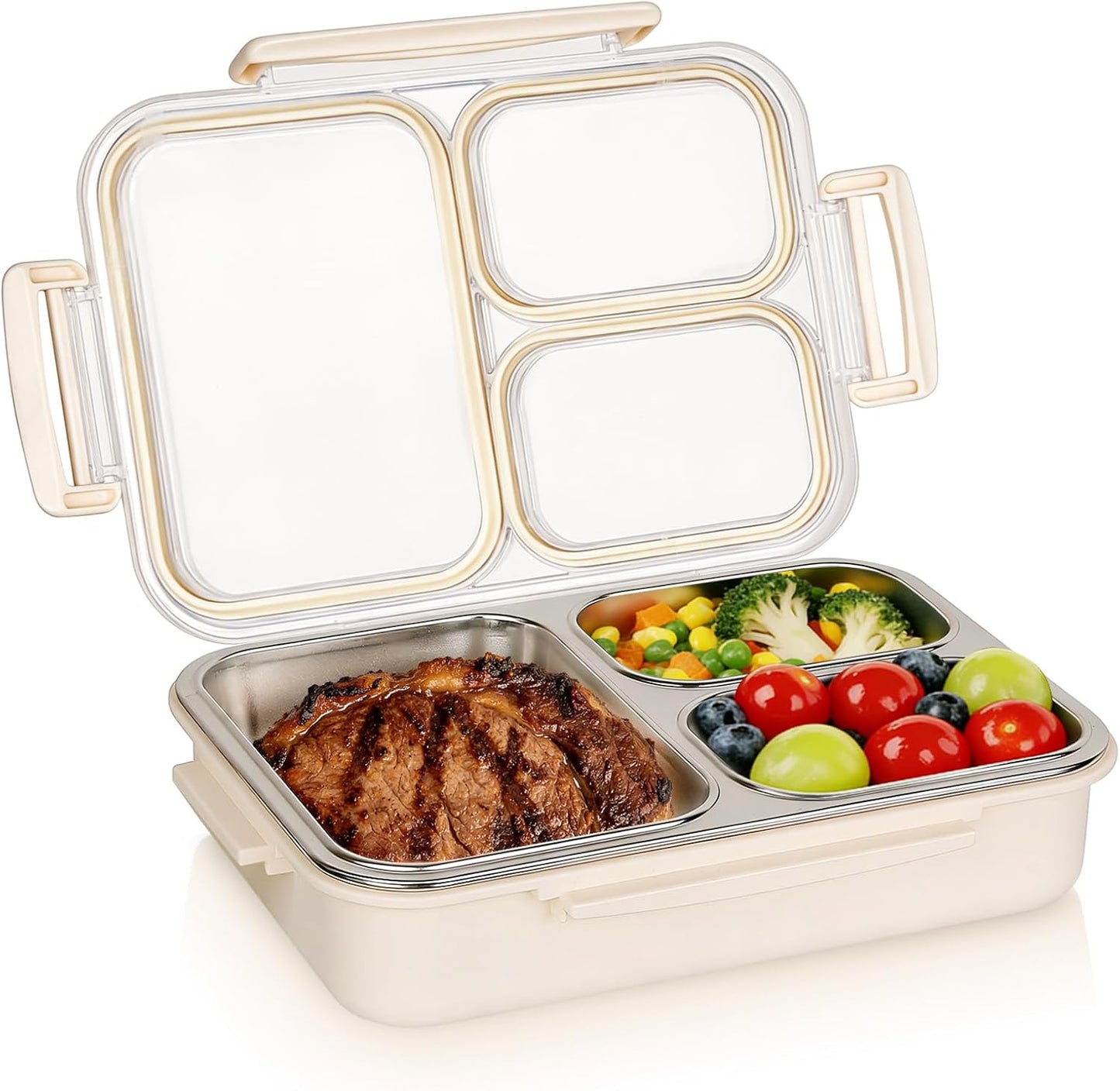 Stainless Steel Lunch Box | Leakproof 3-Compartment Container (Beige & Blue)