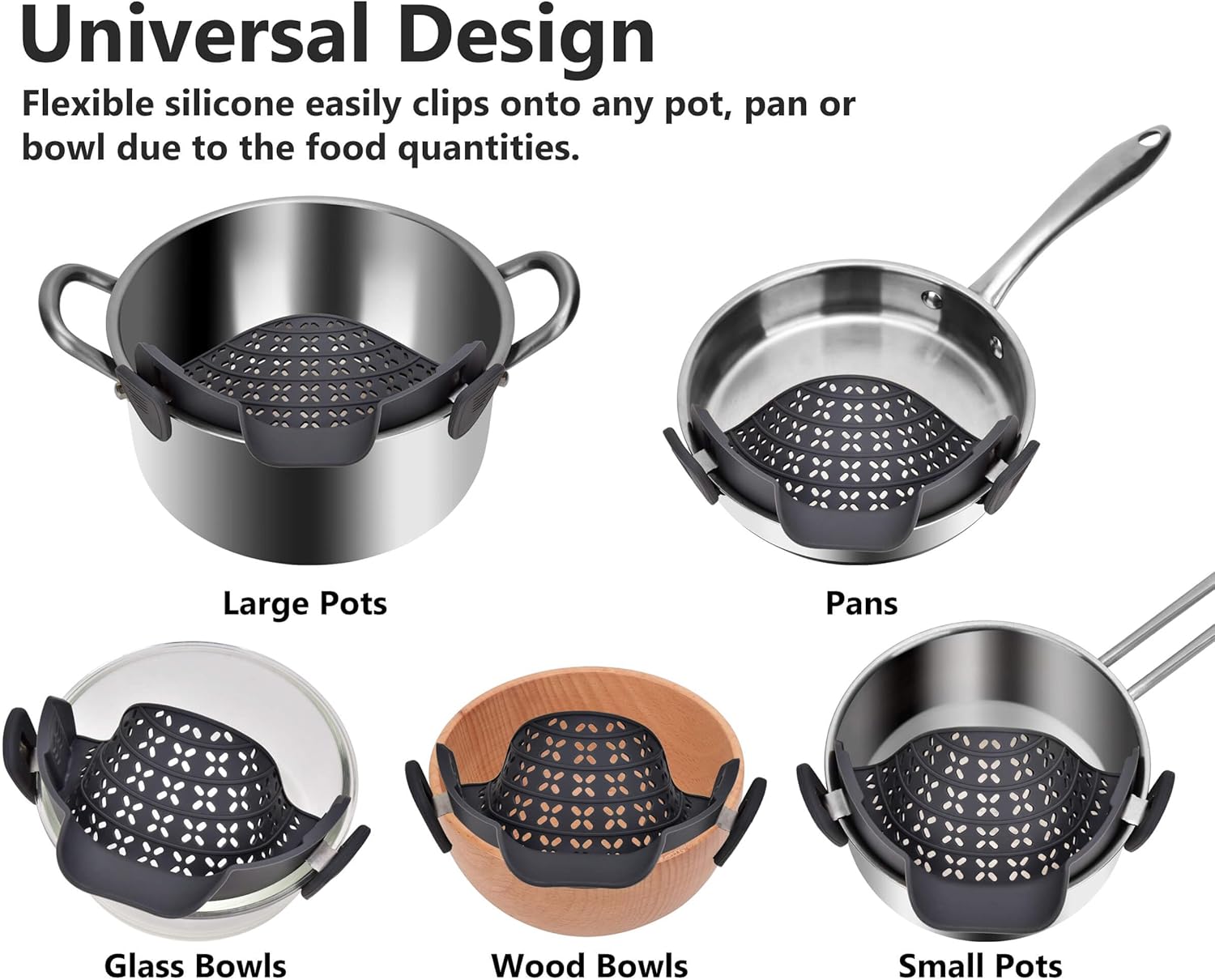 🥣 Adjustable Clip-On Silicone Pot Strainer – Universal Kitchen Colander for Pasta, Pans & Bowls