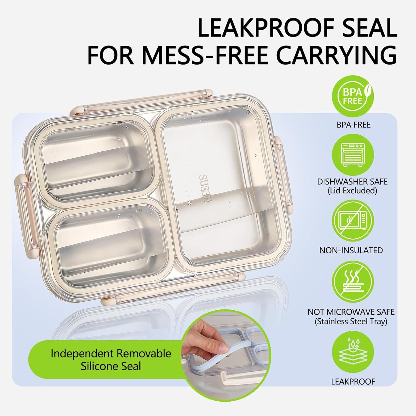 Stainless Steel Lunch Box | Leakproof 3-Compartment Container (Beige & Blue)
