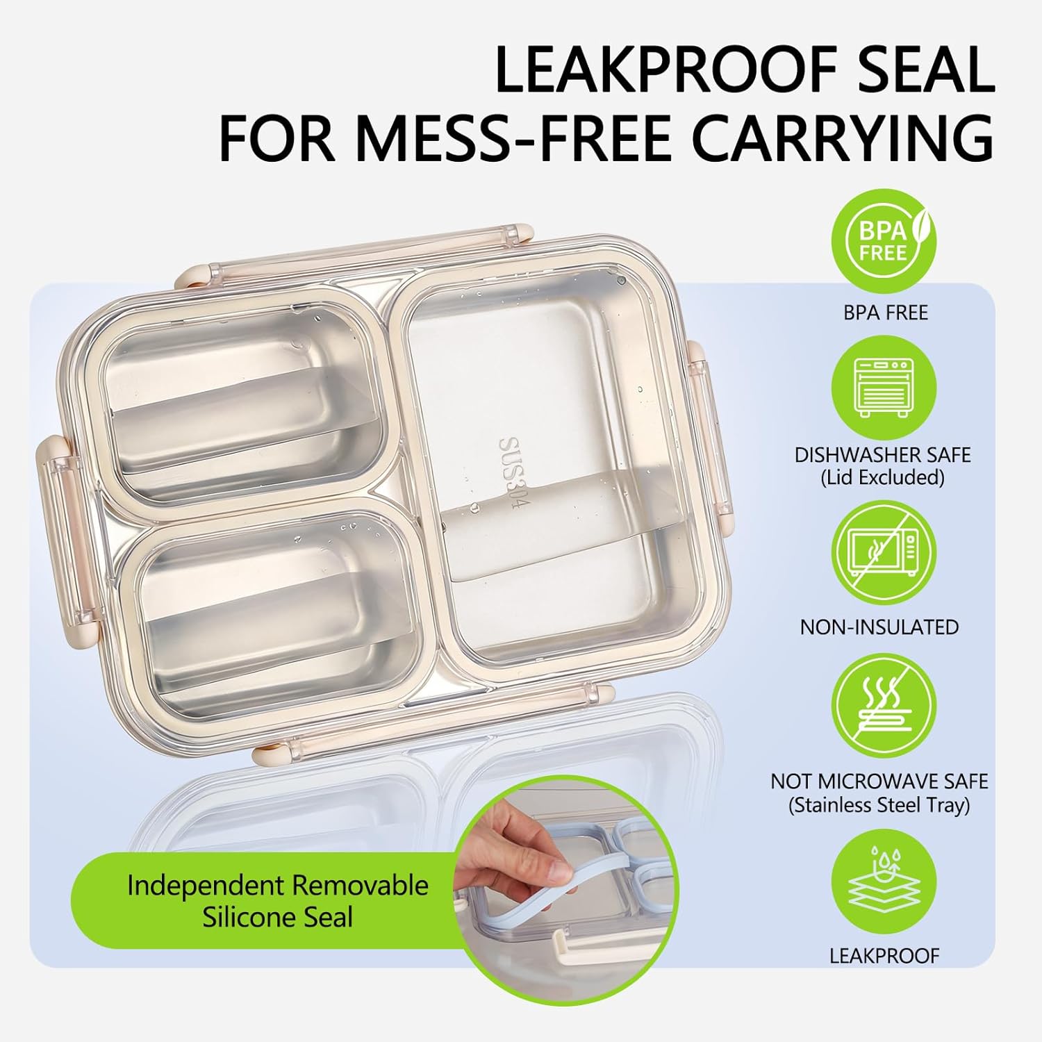 Stainless Steel Lunch Box | Leakproof 3-Compartment Container (Beige & Blue)