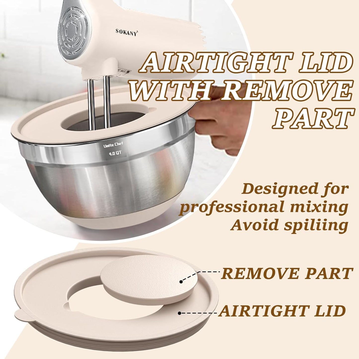  Stainless Steel Nesting Mixing Bowls with Airtight Lids, Grater Attachments and Non-Slip Bottoms, Size 5, 4, 3.5, 2, 1.5QT Black and Khaki