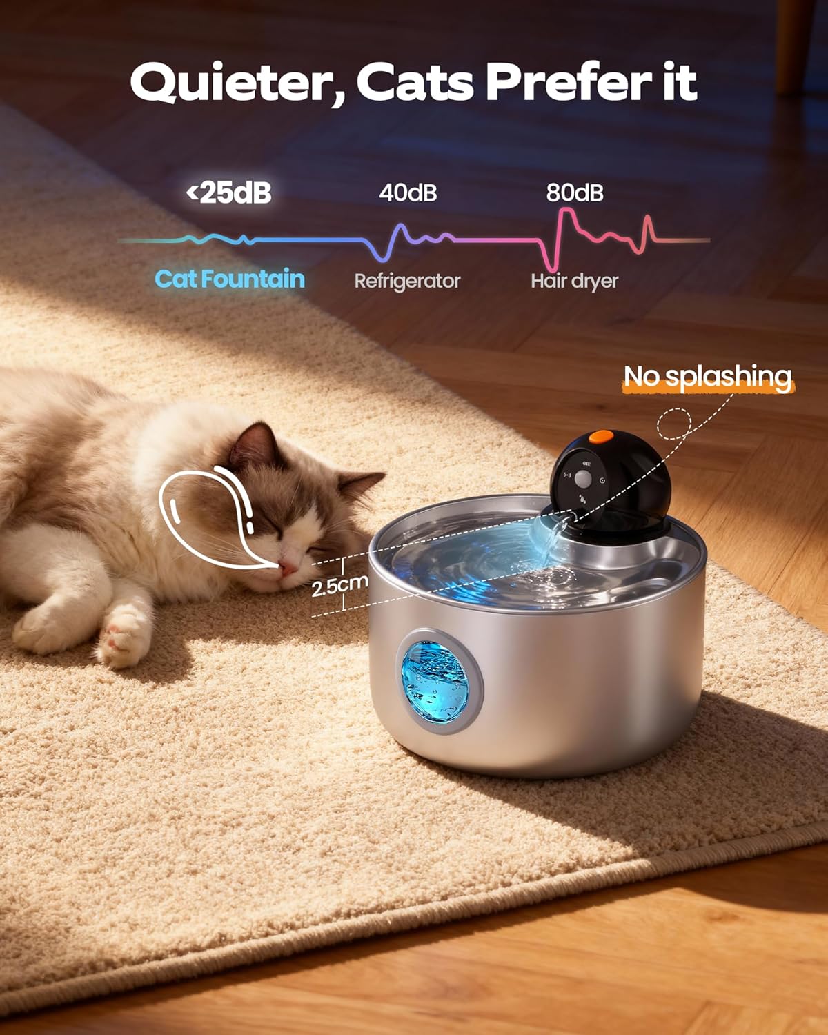 Wireless Stainless Steel Cat Water Fountain | Quiet & Filtered with Motion Sensor 