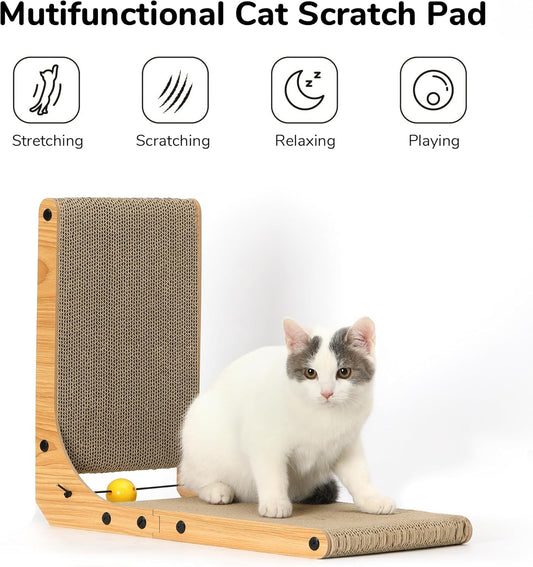 L-Shape Cat Scratcher with Toy Ball – 18.9" Wall-Mountable Cardboard Scratch Pad for Indoor Cats