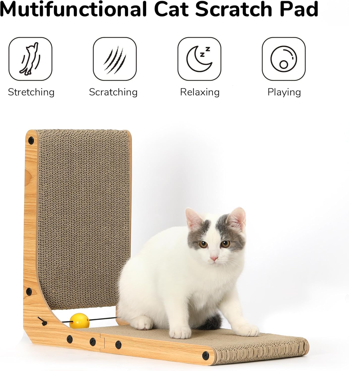 L-Shape Cat Scratcher with Toy Ball – 18.9" Wall-Mountable Cardboard Scratch Pad for Indoor Cats