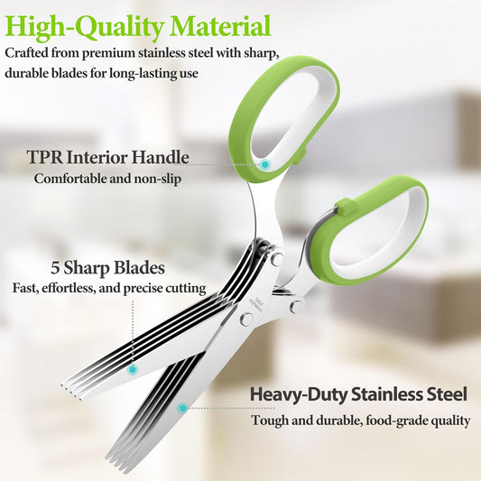 Herb Scissors – Multi-Edge Stainless Steel Cutting Tool for Fresh Herbs – Must-Have Kitchen & Cooking Gadget, Green