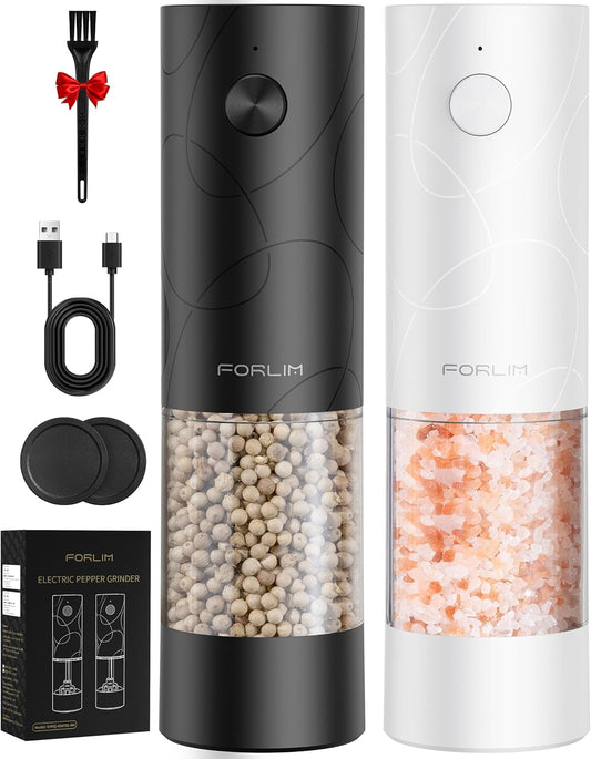 Automatic Salt & Pepper Grinder Set – USB Rechargeable, One-Touch Control, Adjustable Coarseness, LED Light, Dust Cover, 2-Pack (Black & White)
