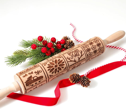 17" Embossed Wooden Rolling Pin – 3mm Deep Christmas Cookie Roller with Holiday Designs & Cleaning Brush