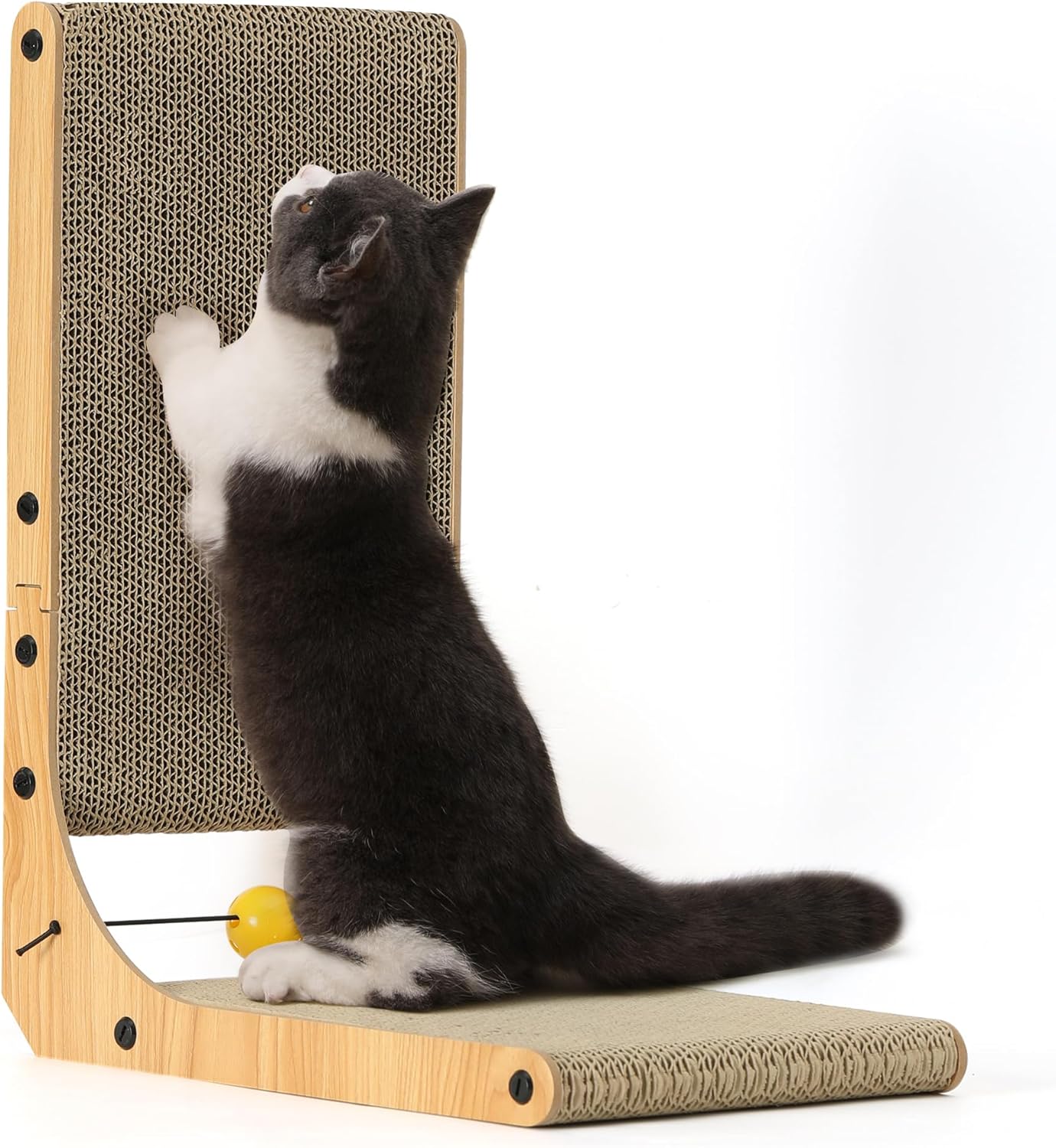 L-Shape Cat Scratcher with Toy Ball – 18.9" Wall-Mountable Cardboard Scratch Pad for Indoor Cats