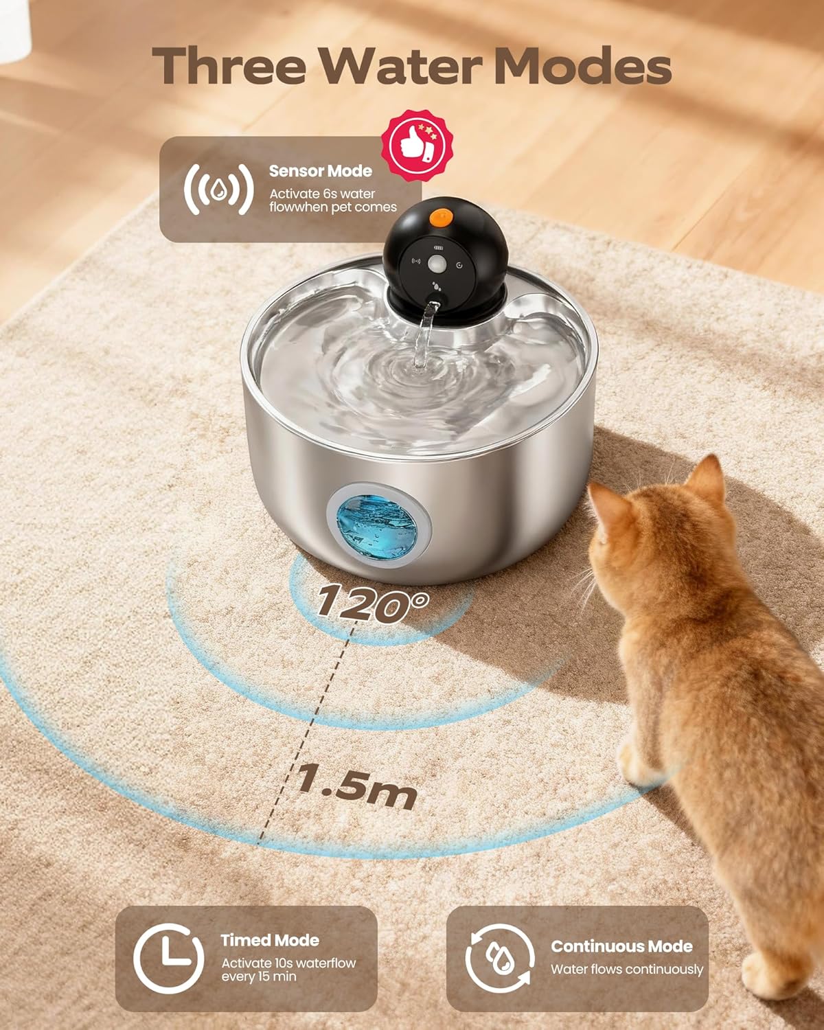 Wireless Stainless Steel Cat Water Fountain | Quiet & Filtered with Motion Sensor 