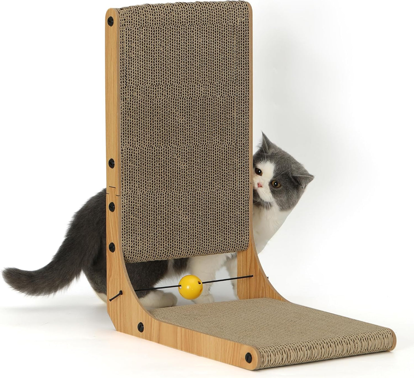 L-Shape Cat Scratcher with Toy Ball – 18.9" Wall-Mountable Cardboard Scratch Pad for Indoor Cats
