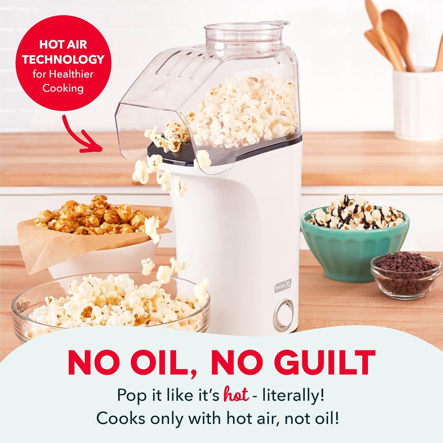 Fresh Pop Popcorn Maker - Oil-Free, Air Popcorn Popper - with Measuring Cup & Recipe Guide - Perfect for Movie Nights - 16 Cups, White