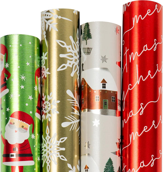 Christmas Foil Wrapping Paper – 4 Rolls, 100 Sq Ft Total | Elegant Holiday Designs for Festive Gifts