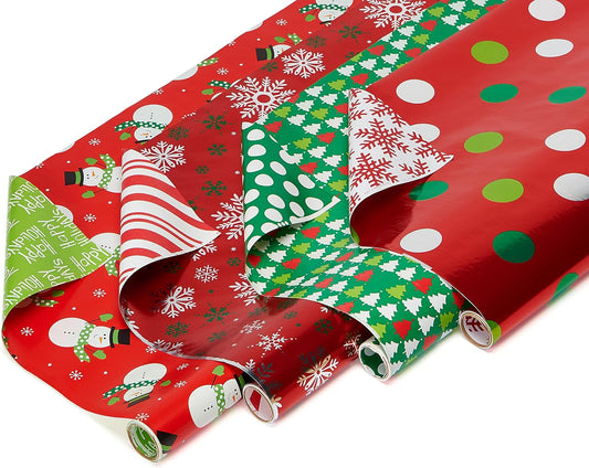 Reversible Christmas Wrapping Paper Rolls, Red and Green Holiday Gift Wrap (105 Sq. Ft., 4 Rolls-30 In. X 12 Ft.) Polka Dots, Trees, Snowmen and Snowflakes