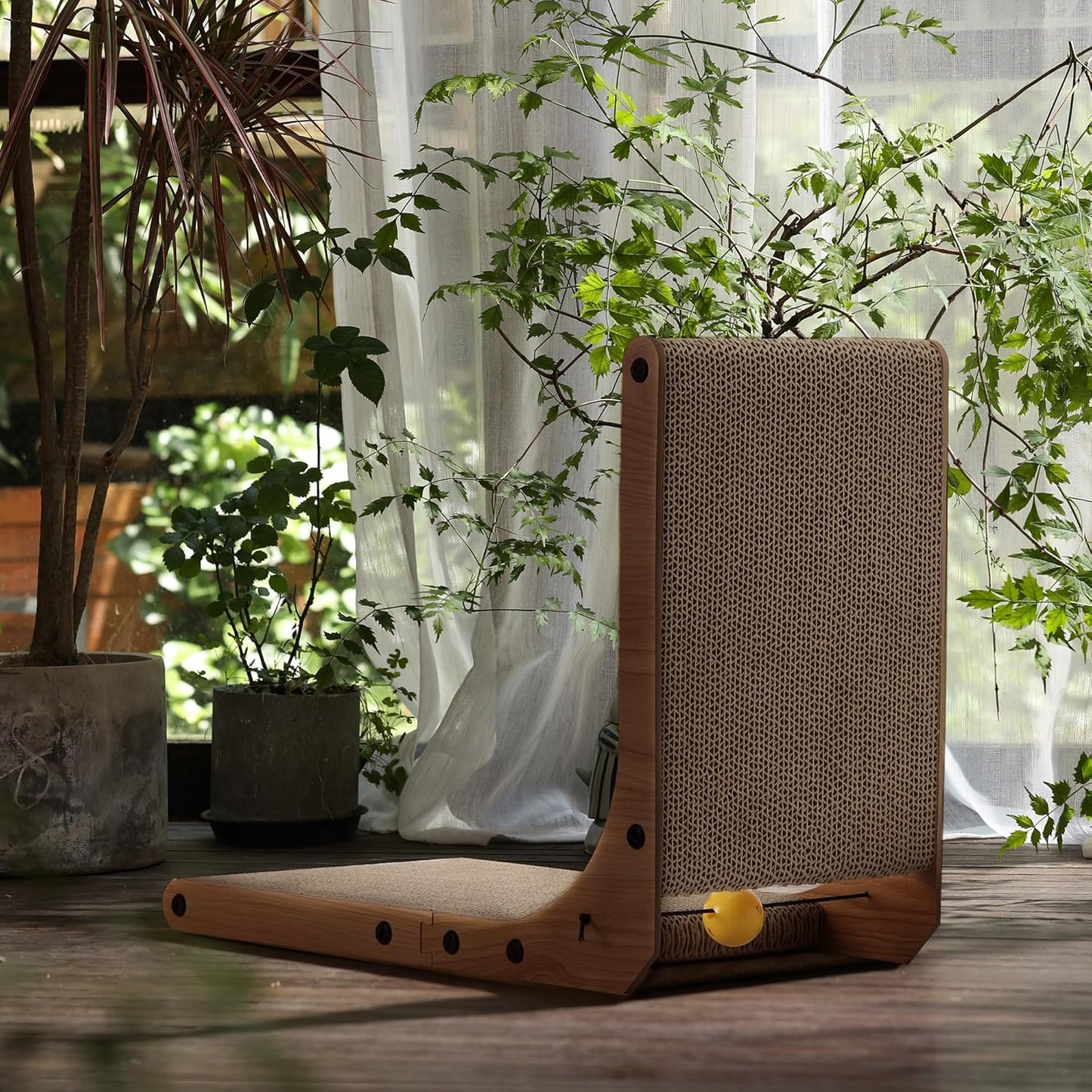 L-Shape Cat Scratcher with Toy Ball – 18.9" Wall-Mountable Cardboard Scratch Pad for Indoor Cats