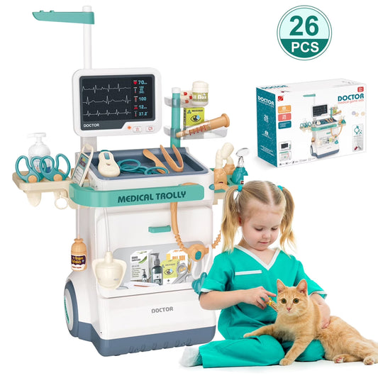  Kids Doctor Play Set with Rolling Medical Cart – 26-Piece Pretend Play Kit 