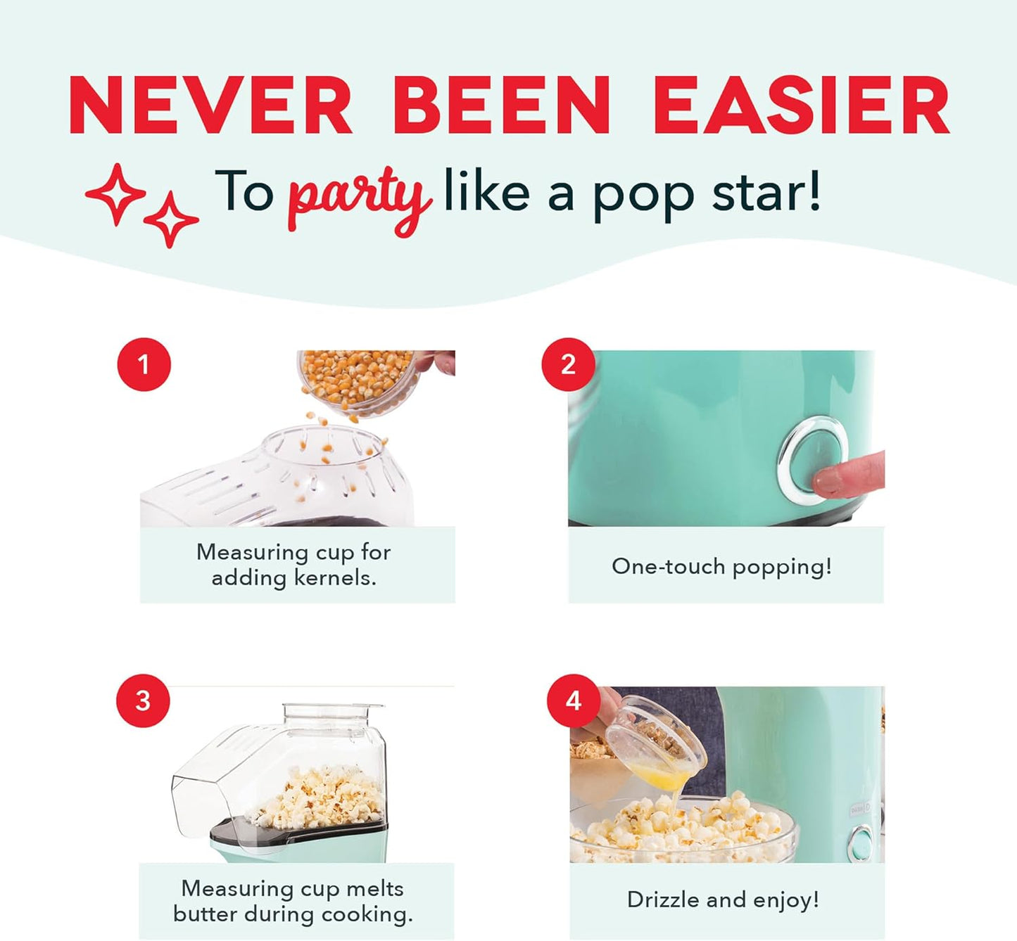 Fresh Pop Hot Air Popcorn Maker | Oil-Free Electric Popper - 16 Cups, Aqua