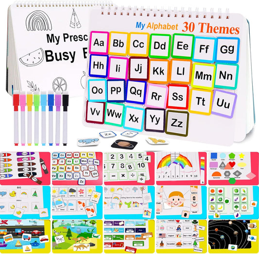 Busy Book Activity Binder for Kids 1–3 – Montessori Learning, 30 Themes, Drawing Set with 8 Markers – Ideal Gift
