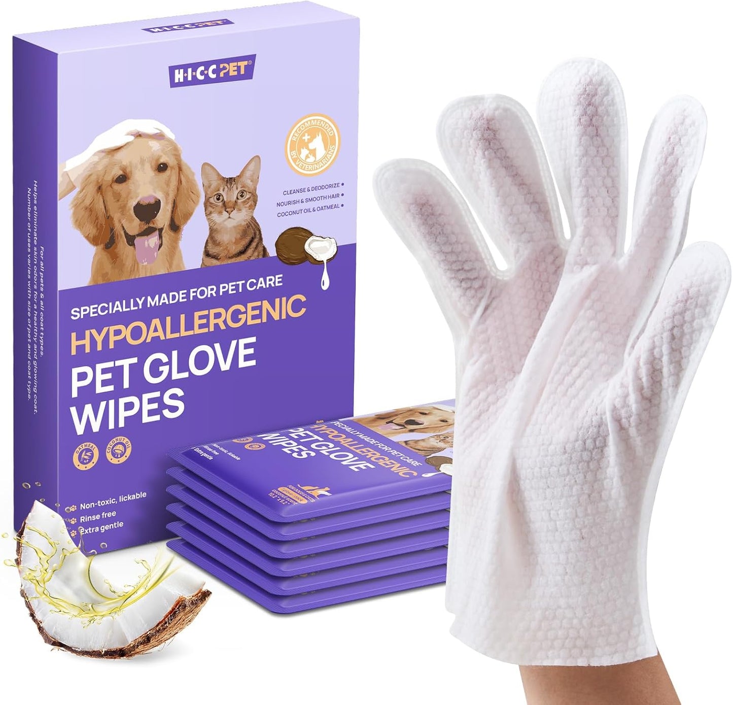 Cleaning Deodorizing Glove Wipes for Dogs & Cats, Vet Recommended Hypoallergenic Hydrating & Nourish Fur Pet Grooming Glove Wipes, Pet Bathing Wipes for Horse Coat Care,6Pcs Coconut Scent