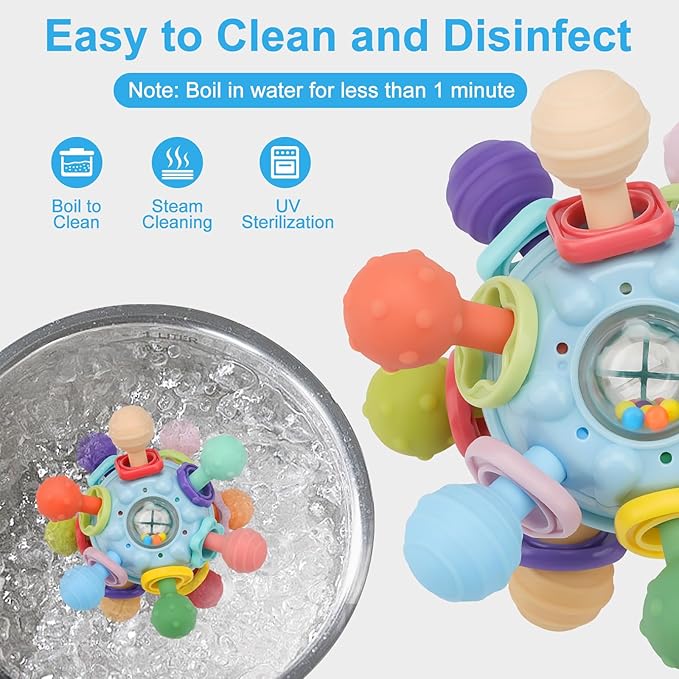 Baby Sensory Teether & Rattle Toy – Silicone Montessori Activity Toy