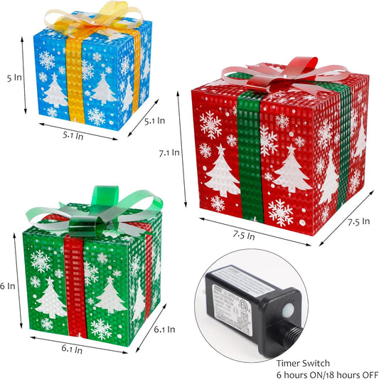 Set of 3 Lighted Christmas Gift Boxes – 60 LED Snowflake Design for Indoor & Outdoor Holiday Décor