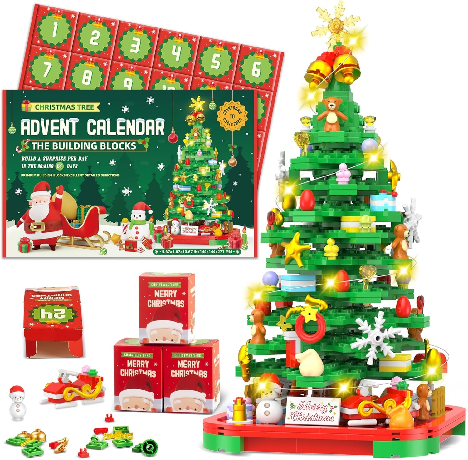 🎄 2025 Christmas Tree Building Block Advent Calendar – 24-Day Countdown Toy Set with Lights, Fun Holiday Gift for Kids & Adults