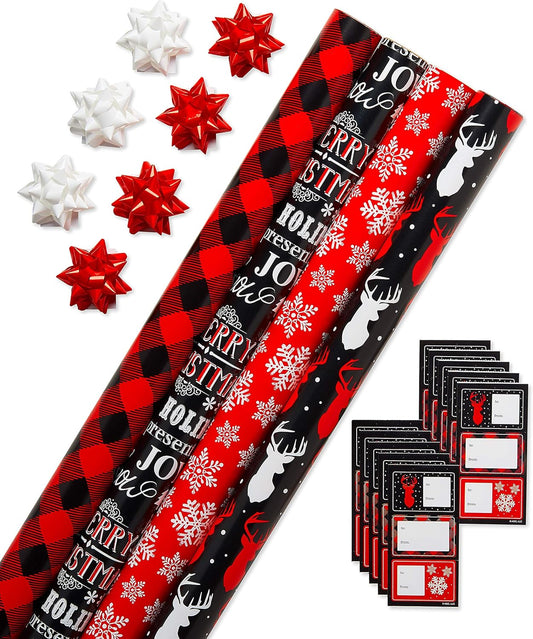🎁 Buffalo Plaid Christmas Wrapping Paper Set – Red & Black Holiday Gift Wrap with Snowflakes and Reindeer (4 Rolls, 120 Sq. Ft., 7 Bows & 30 Gift Tags)