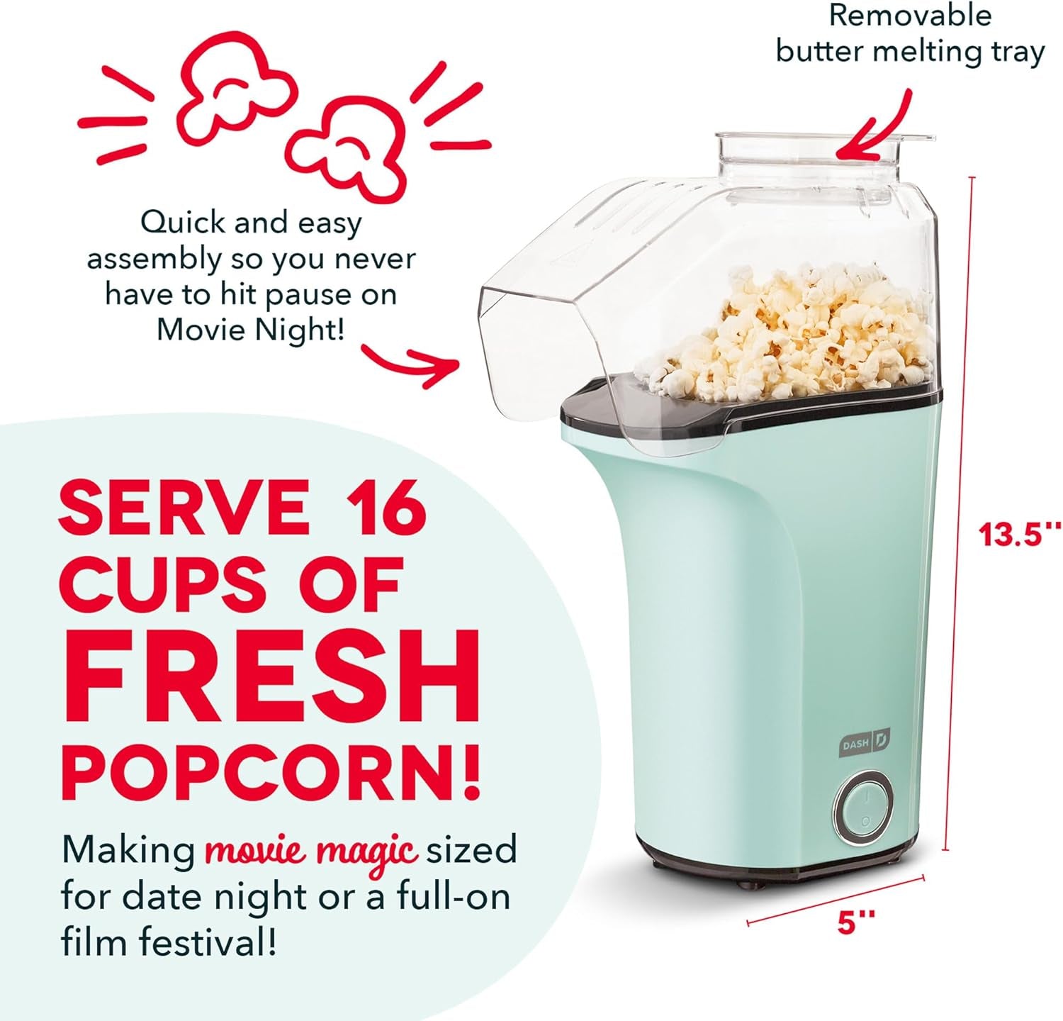 Fresh Pop Hot Air Popcorn Maker | Oil-Free Electric Popper - 16 Cups, Aqua