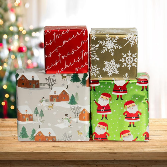 Christmas Foil Wrapping Paper – 4 Rolls, 100 Sq Ft Total | Elegant Holiday Designs for Festive Gifts