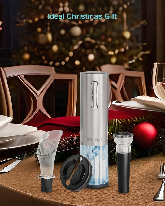 Automatic Electric Wine Opener Kit – Rechargeable Bottle Opener with Foil Cutter, Aerator Pourer & Wine Preserver Stopper- Silver