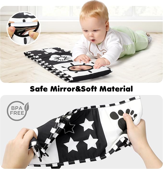 Black and White Tummy Time High Contrast Newborn Toys 0-3 Months, Soft Baby Book, Visual Stimulation Montessori Sensory Infant Toys 0-6-12 Months, Shower Gift for Boys Girls